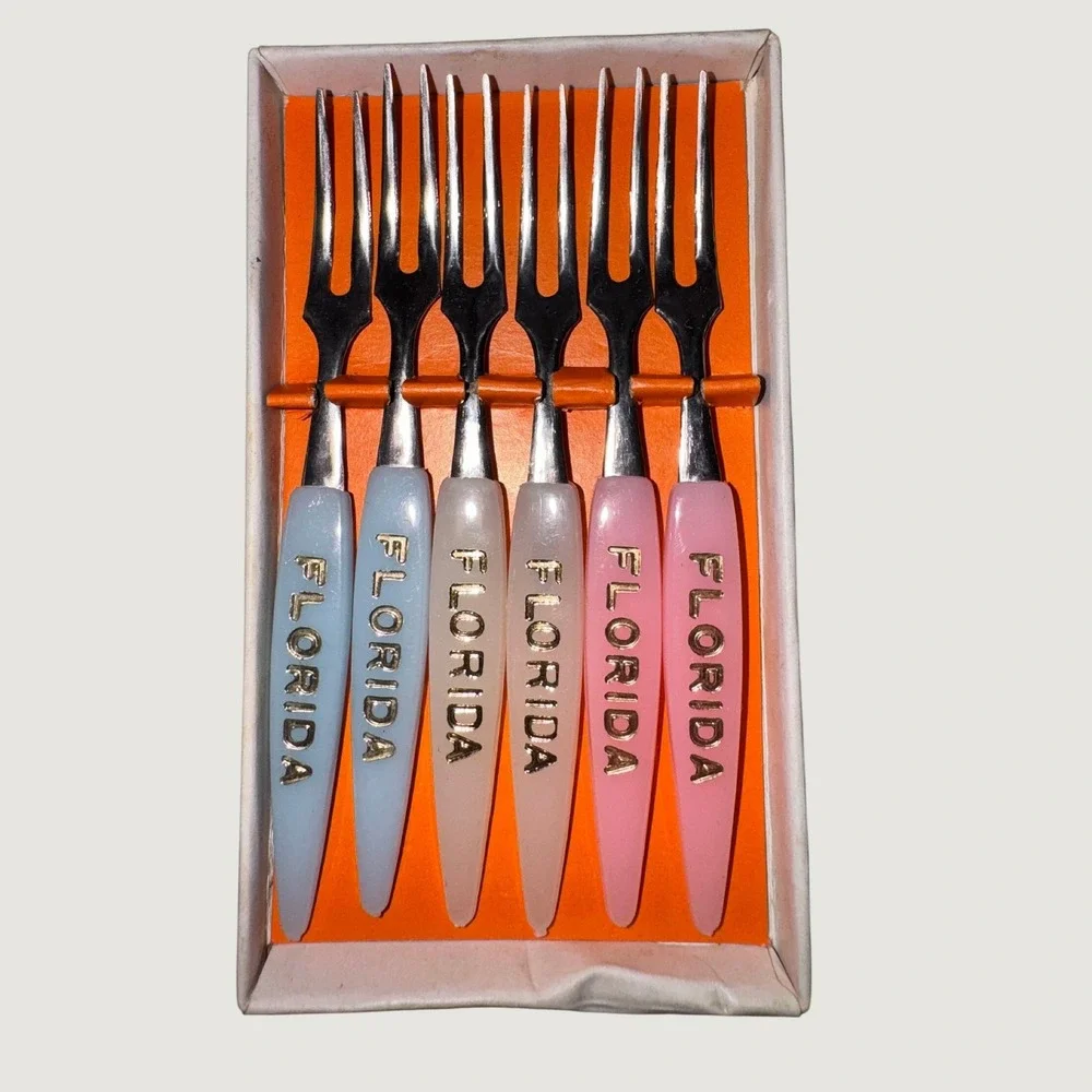Vintage Florida MCM Souvenir Cocktail Forks Set of 6 Little Fork Japan Pastel